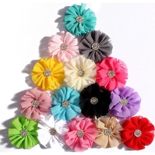 120pcs/lot 6.5cm 15colors Hair Clip Chiffon Flowers With Rhinestone Bow Button For Hair Accessories Fabric Flowers For Headbands