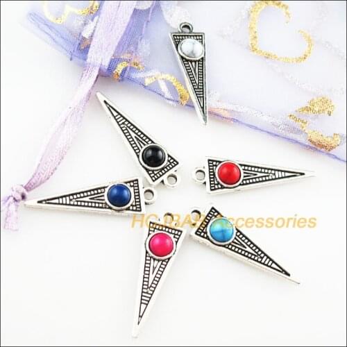 18Pcs Tibetan Silver Color Triangle Mixed Stone Charms Pendant 9x29.5mm
