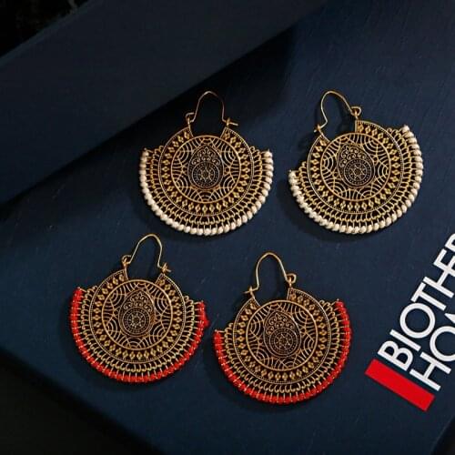 2020 Indian Womens Big Round Hollow Flower Jhumka Earrings Ethnic Gypsy Gold Alloy Red Silk Drop Earring