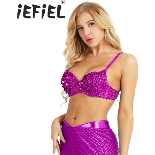 Women Party Pole Dance Sparkle Sequins Beading Padded Bra Top for Raves Dances Club Wear Belly Dancing Costume Party Top Bra