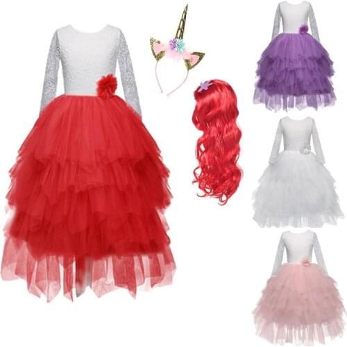 Vestidos Girls Spring Dress Brand Backless Teenage Party The little mermaid Princess Dress Children Costume for Kids Clothes wig