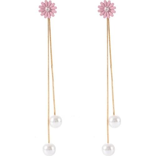 CRLEY Long Simple Drop Earrings for Women Simulated White Pearl Dangle Gold Chain Pink Daisy Flower Earring Elegant Jewelry
