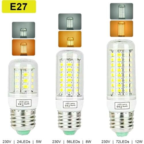 E27 E14 LED Corn Bulb lamp 5W/8W/12W 5730 SMD Cool White/Warm White Light 24/56/72SMD 230V