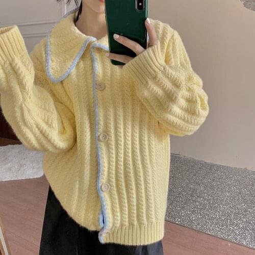 Korean Fashion Cardigan Women Single Breasted Casual Vintage Sweater Female Turn Down Collar Long Sleeve Knitted Tops