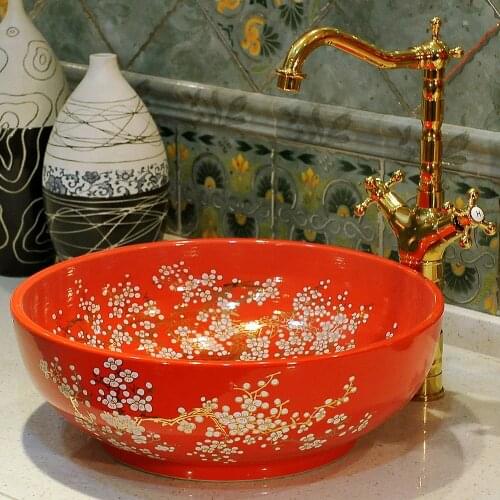 Red Handmade Europe Vintage Style Lavobo Ceramic Bathroom Countertop Bathroom Sink decoration bathroom sinks