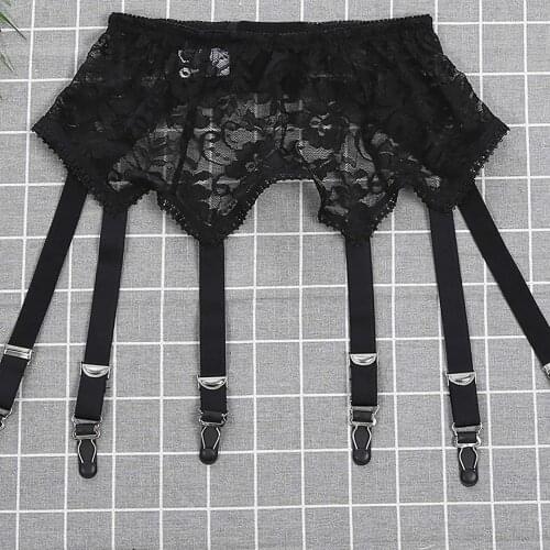 Fashion Women Sexy Solid Lingerie Lace Retro High Waist Elastic Garter Belt Suspender 6 Metal Buckles Transparent Underwear#p3