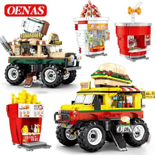 MOC Hamburger Ice Cream Fried Chicken Coffee Car Mini Street View Building Blocks Model Toys Birthday Gifts For Children Kids
