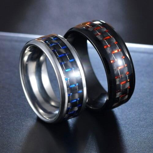 Quality 2 Colors in NEW Carbon Fiber Simple Men Ring 8mm Stainless Steel Fashion Rings Jewelry