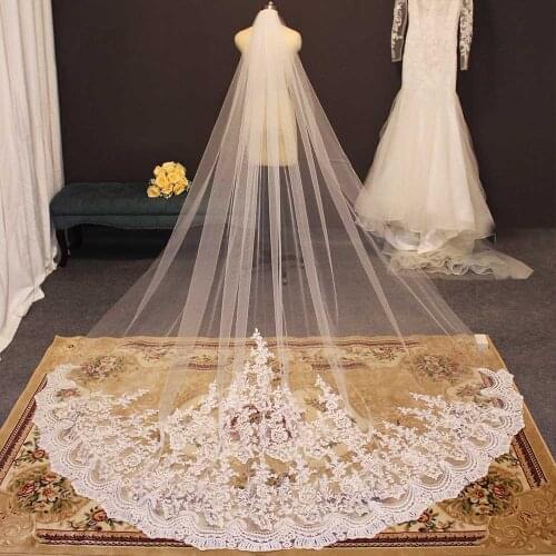 Luxury Long Lace Wedding Veil Cathedral Bridal Veil with Comb One Tier White Ivory 3 Meters Bride Veil Wedding Accessories Welon