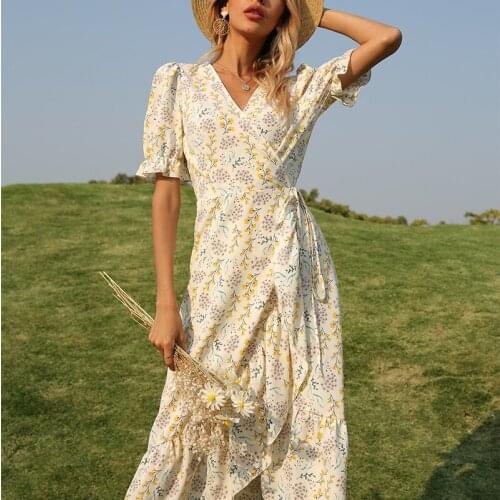 DUISNENA boho dress summer v-neck floral print women dresses lantern ruffled sleeve Pastoral Fresh robe vestidos