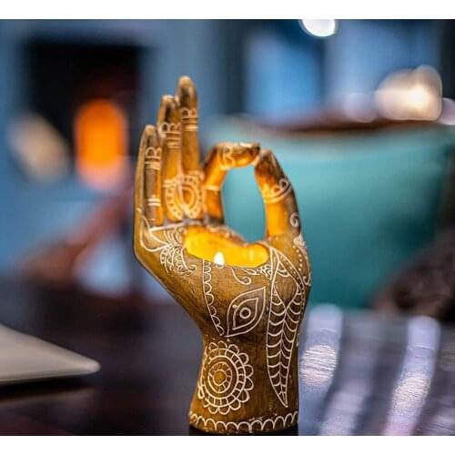 Religious Buddha Palm Candle Holder Decor Retro Buddha Yoga Candle Holder Home Candle Light Dinner Weding Resin Handicraft Decor