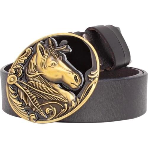 Horse head cowskin leather belt men Western cowboy style Copper buckle horse head belt real Genuine Leather belt for men