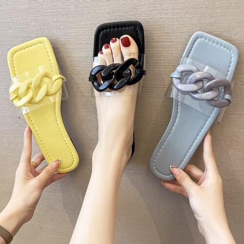 Summer Female Transparent Chain Decoration Flat Sandals Slippers Ladies Square Head Casual Women New Beach Soft Open Toe Slides