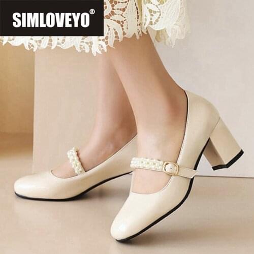 SIMLOVEYO New 2021 Women Pumps Square Toe 6.5cm Block Heels Patent Leather Buckle Pearl Vintage Big Size 32-48 Casual A3901