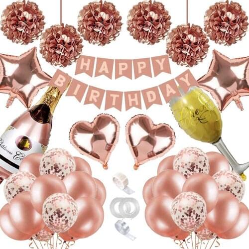 Girl Women Happy Birthday Banner Rose Gold Confetti Latex Balloons Champagne Paper Pompoms Star and Heart Shape Party Supplies