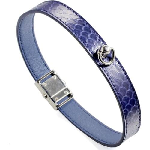 Blue Snake Genuine Leather Button Buckle Choker Necklaces Bracelet NeckCollar Dual Use 41CM