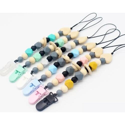 1pc Baby Silicone+Wood Pacifier Clips DIY Funny Pacifier Chain For Infant Feeding Toddle Teething Chew Toys Dummy Clips BPA Free