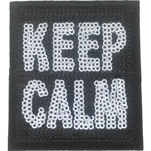 10PCS/lot Suqare KEEP CALM Sequined Cloth Patches Iron on Beading Embroidery Appliques Patch for Clothing Badge Stickers