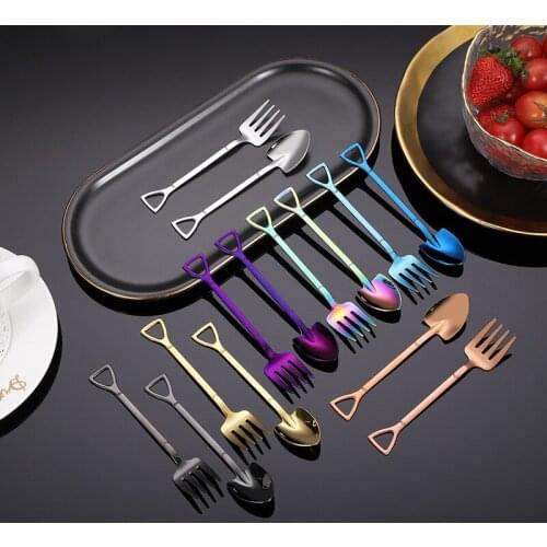 2Pieces Rosegold Shovel teaspoon set 304 Stainless steel Dessert fork fruit fork Coffee Spoon Tableware Accessories for Gift