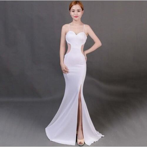 Corzzet Sexy White Beading Low-cut High Split Sling Perspective Backless Fishtail Dress Evening Party Nightclub Dress Robe Femme