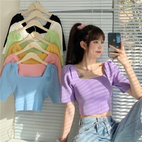 Woman TShirts Summer Square Collar Puff Sleeve Short Sleeve T-shirt Knitwear Top For Women Crop Top Mujer Camisetas
