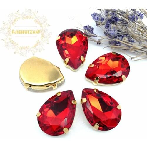 Best-selling Red Water drop shape Crystal Glass Sew-on Rhinestones with gold Claw DIY wedding Dresses and Clothes