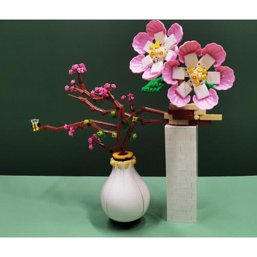 Chinese style vases potted flowers peach blossoms building block bricks accessories models childrens DIY puzzle toys