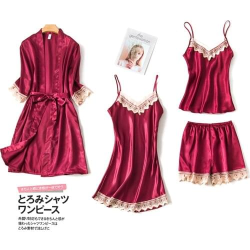 Summer Autumn 4 Pieces Set Silk Elegant Women Pajamas Set Shorts Sleeve Top Elastic Waist Pants Lounge combination Sleepwear Set