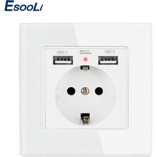 Esooli Wall Power Socket Grounded 16A EU Standard Electrical Outlet With 2100mA Dual USB Charger Port for Mobile