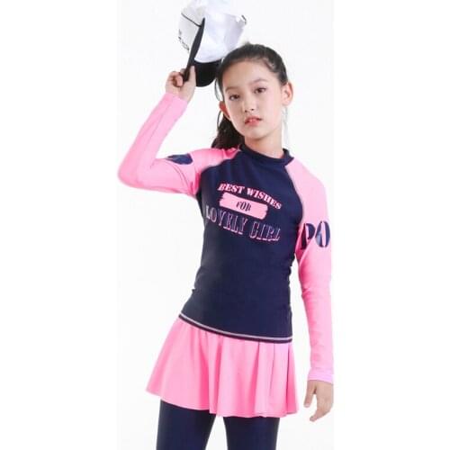 2021 Newest Teenager girl rashguard swimsuit long sleeve padded shirt pants with skirt chindren kids beach wear 10-16Y