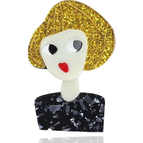New Creative Glitter Yellow Hair Punk Girl Brooch Big Acrylic Cartoon Big Eyes Brooches Pins Lapel Badges Fashion Party Jewelry