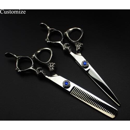 Customize logo japan steel 6 '' blue gem dragon hair salon scissors cutting barber haircut Thinning shears hairdresser scissors