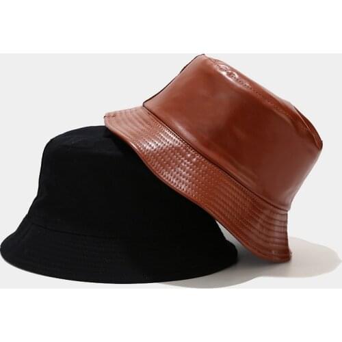 Popular PU Leather Bucket Hat Cap Men Bucket Hat Top Lady Sun Hat Male Cap Female Summer Hip Hop Cap Bob Chapeau Femme
