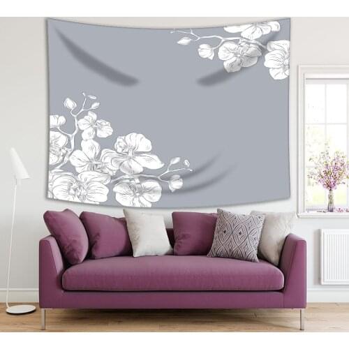 Tapestry Orchid Branches Bouquets Blooms Romantic Monochromic Artwork Gray White