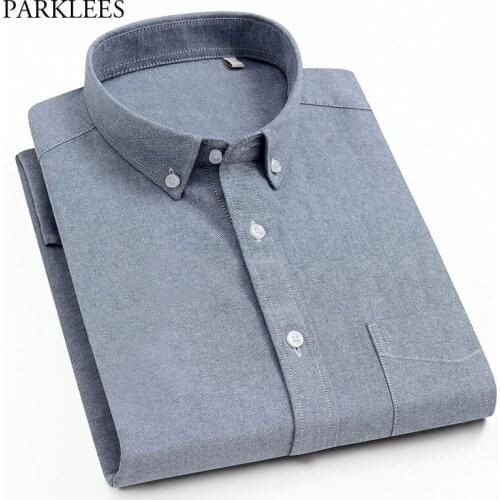 Gray Oxford Shirts Men Summer Short Sleeve Business Work Mens Dress Shirt Solid Chemise Homme Pocket Casual Button Down Camisas