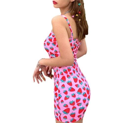 Strawberry Print Short Mini Dress Women Girls Bodycon Strappy Bandage Sundress Summer Sleeveless Sexy Party Clubwear Vestidos