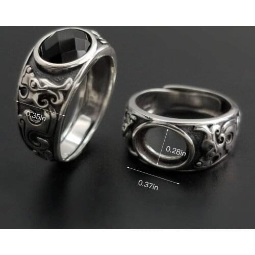 SA SILVERAGE 925 Sterling Silver Black Agate Wedding Ring for Men Adjustable Band Silver Ring Wedding Bands 925 Ring