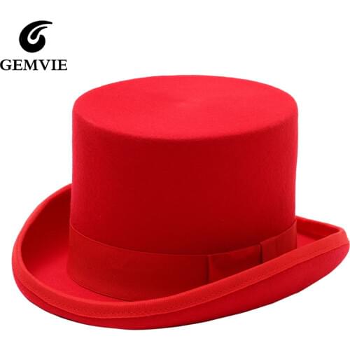 GEMVIE 13cm 100% Wool Felt Red Top Hat Cylinder Hat for Men Women Topper Mad Hatter Party Costume Fedora Derby Magician Hat