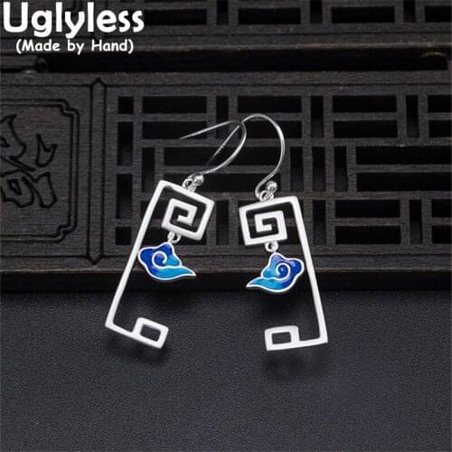Uglyless Vintage China Chic Lucky Clouds Earrings for Women Ancient Totem Patterns Square Earrings 925 Silver Ethnic Jewelry