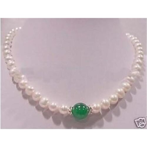W&L NEW 7-8mm white pearl 10mm green jades pendant necklace