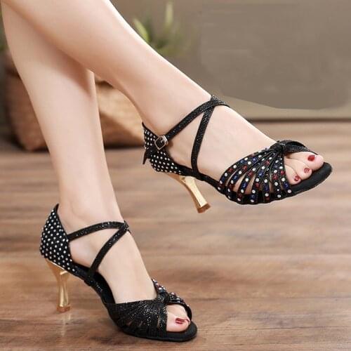 Women Ballroom Latin Dance Shoes Professional Dancing Shoes Rhinestones Girls Ladies Heeled Tango Sansa Soft Outsole Hot Selling