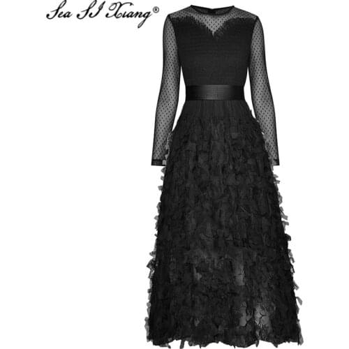 Seasixiang Fashion Designer Summer Mesh Dress Women Long Sleeve Hollow Out Tassel Elegant Ball Gown Dresses