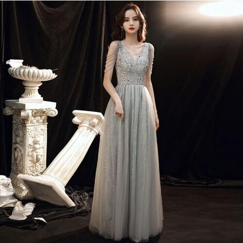 Vestido de Festa A-line V Neck Prom Gown Long Formal Evening Dresses 2021