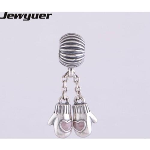 100% 925 Sterling Silver Pink Woollen Mittens Dangle Charms Beads For Jewelry Making Fit necklace pendant DIY fine jewelry DA053