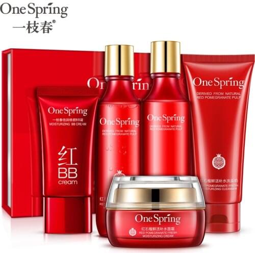 5pcs/set Red Pomegranate Skin Care Set Deep-Moisture Cleansing Lotion Repairing Cream Invigorating Toner BB Cream Anti Wrinkle