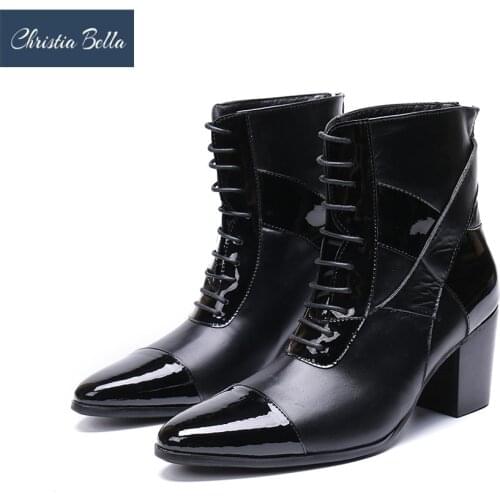 Christia Bella Autumn Solid Lace up Men Shoes Genuine Leather Boots Fashion Pointed Toe Boots Big Size Zipper Short Boots