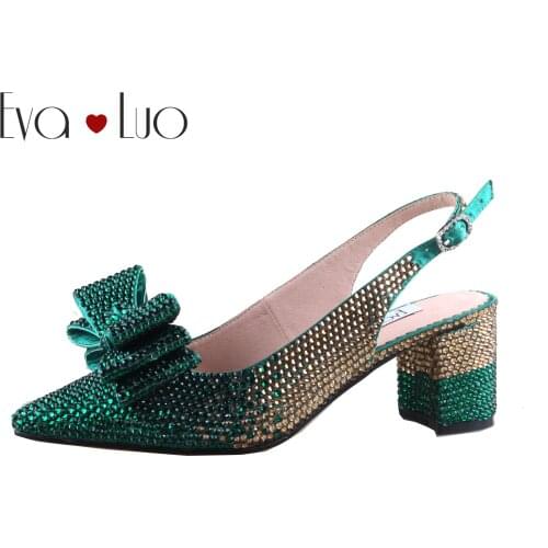 CHS1154 Custom Made Green Gold Crystal bowtie Pointed toe Shoes Slingbacks Block Heel Women Bridal wedding Shoes