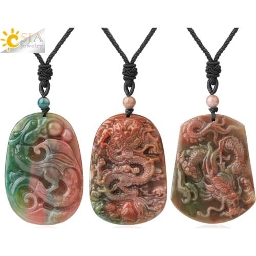 CSJA Healing Natural Stone Necklace for Women Men 2021 Indian Agates Hand Carved Crystal Pendants Dragon Feng Shui Jewelry G678