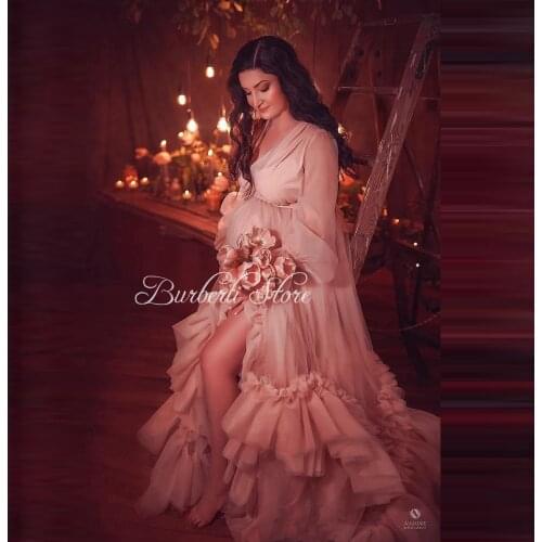 2021 Demure Ruffles Tulle Maternity Dress With Illusion Long Sleeves Fluffy Pregnanty Women Gowns Photography Bridal Dresses