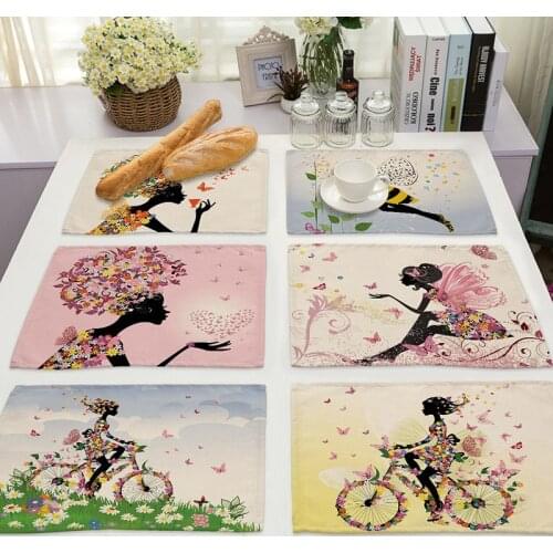 Flower Butterfly Girl Cotton Linen Pad Pattern Kitchen Placemat Bowl Cup Mat Dining Table Mats Coaster 42*32cm Home Decor PM0043